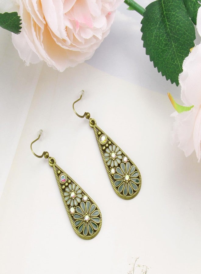 CZMZHFC Bohemian Crystal Teardrop Pendant Earring,Vintage Olive Green Hollow Out Flower Floral Dangle Earrings,National Style Geometry Enamel Flower Hook Earrings,Handmade Ethnic Statement Jewelry for Women - Image 3